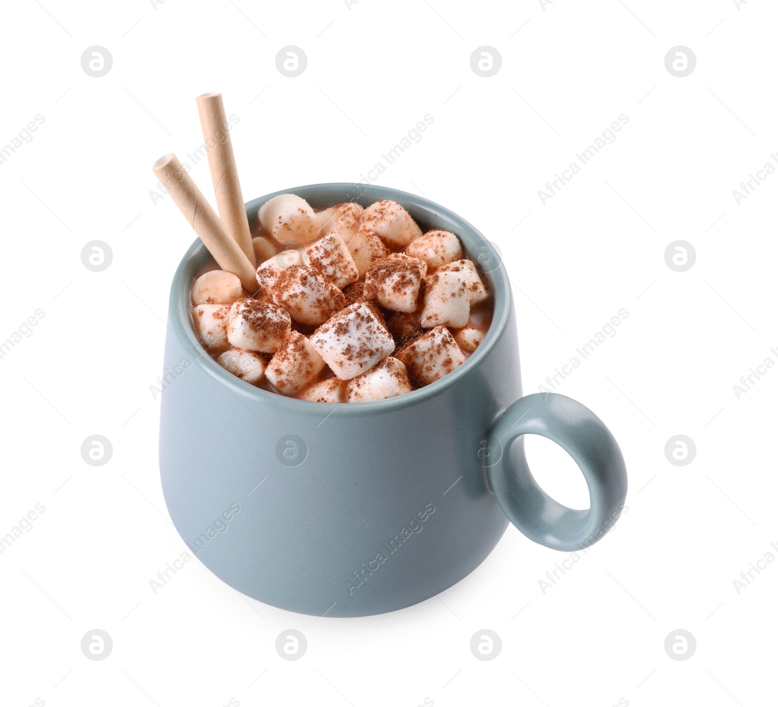 Photo of Cup of aromatic hot chocolate with marshmallows and cocoa powder isolated on white