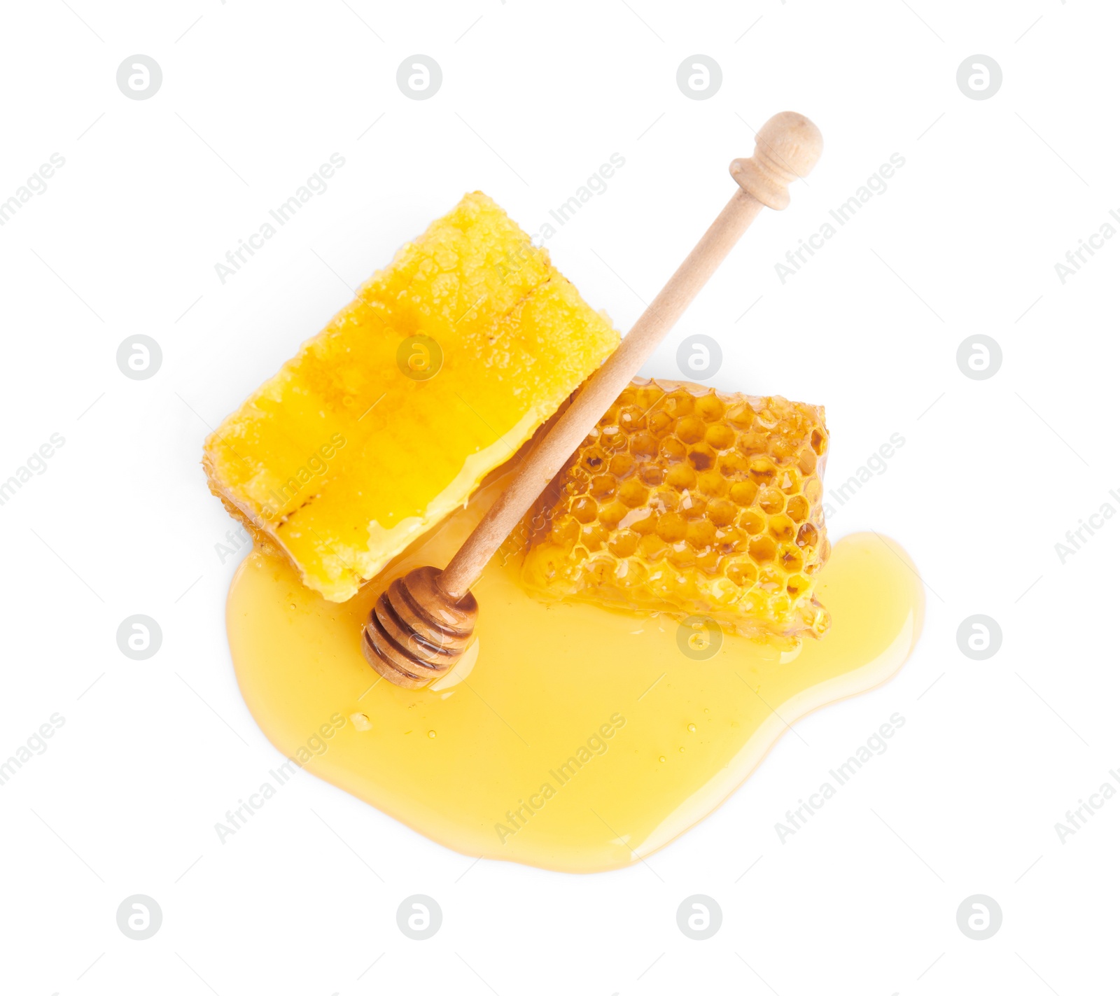 Photo of Fresh honeycombs and dipper isolated on white, top view