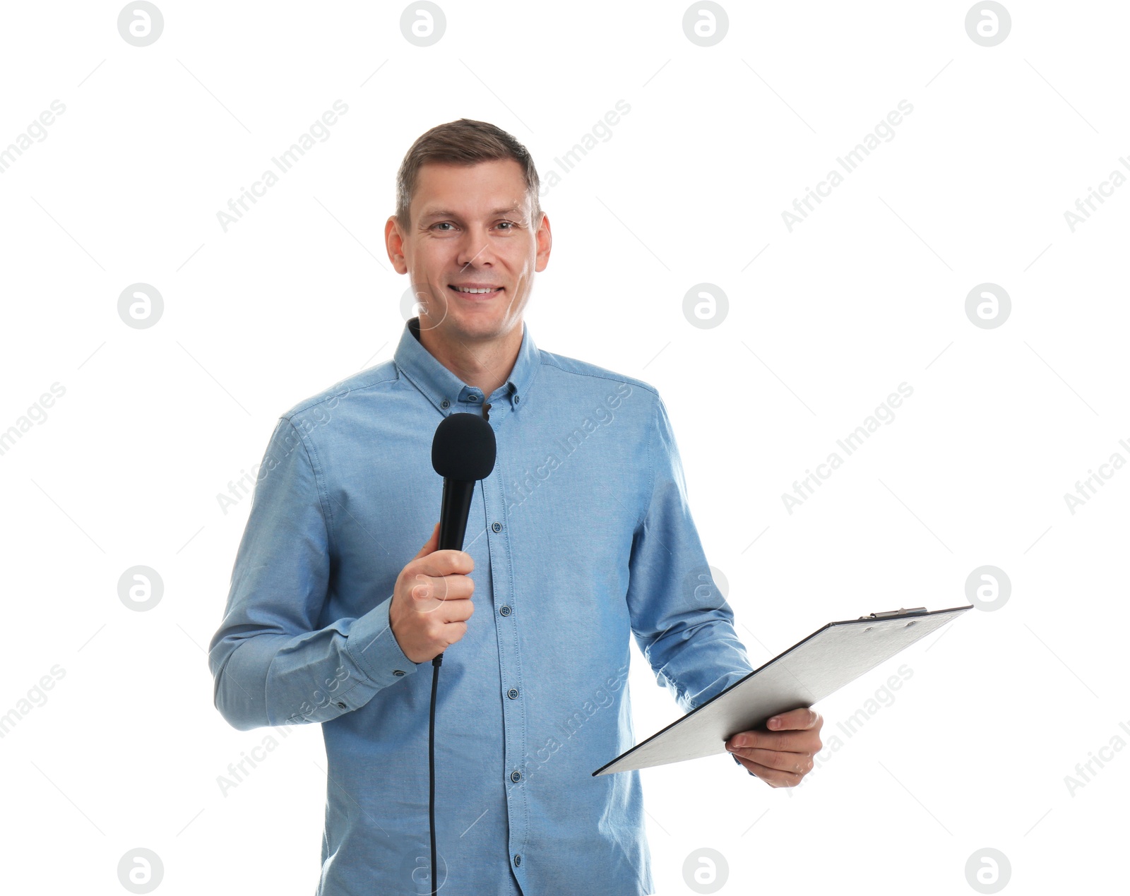 Photo of Male journalist with microphone and clipboard on white background