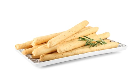 Photo of Delicious grissini with rosemary isolated on white. Crusty breadsticks