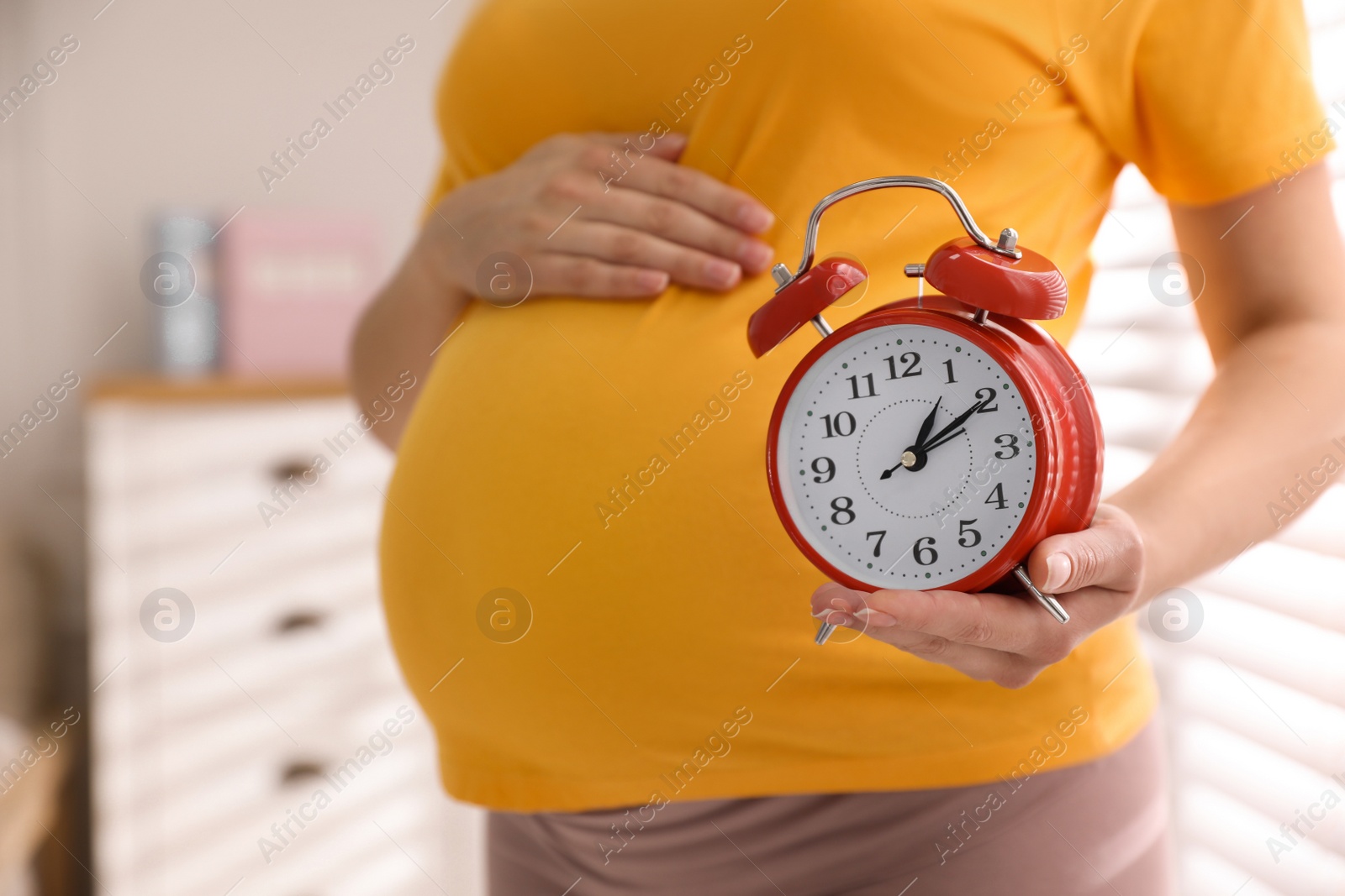 Photo of Young pregnant woman holding alarm clock near her belly at home, closeup. Time to give birth