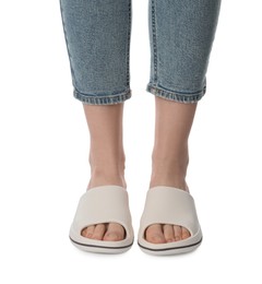 Photo of Woman in slippers on white background, closeup