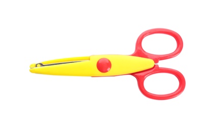 Photo of Pair of plastic scissors on white background