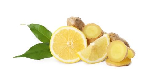 Photo of Fresh lemon and ginger on white background