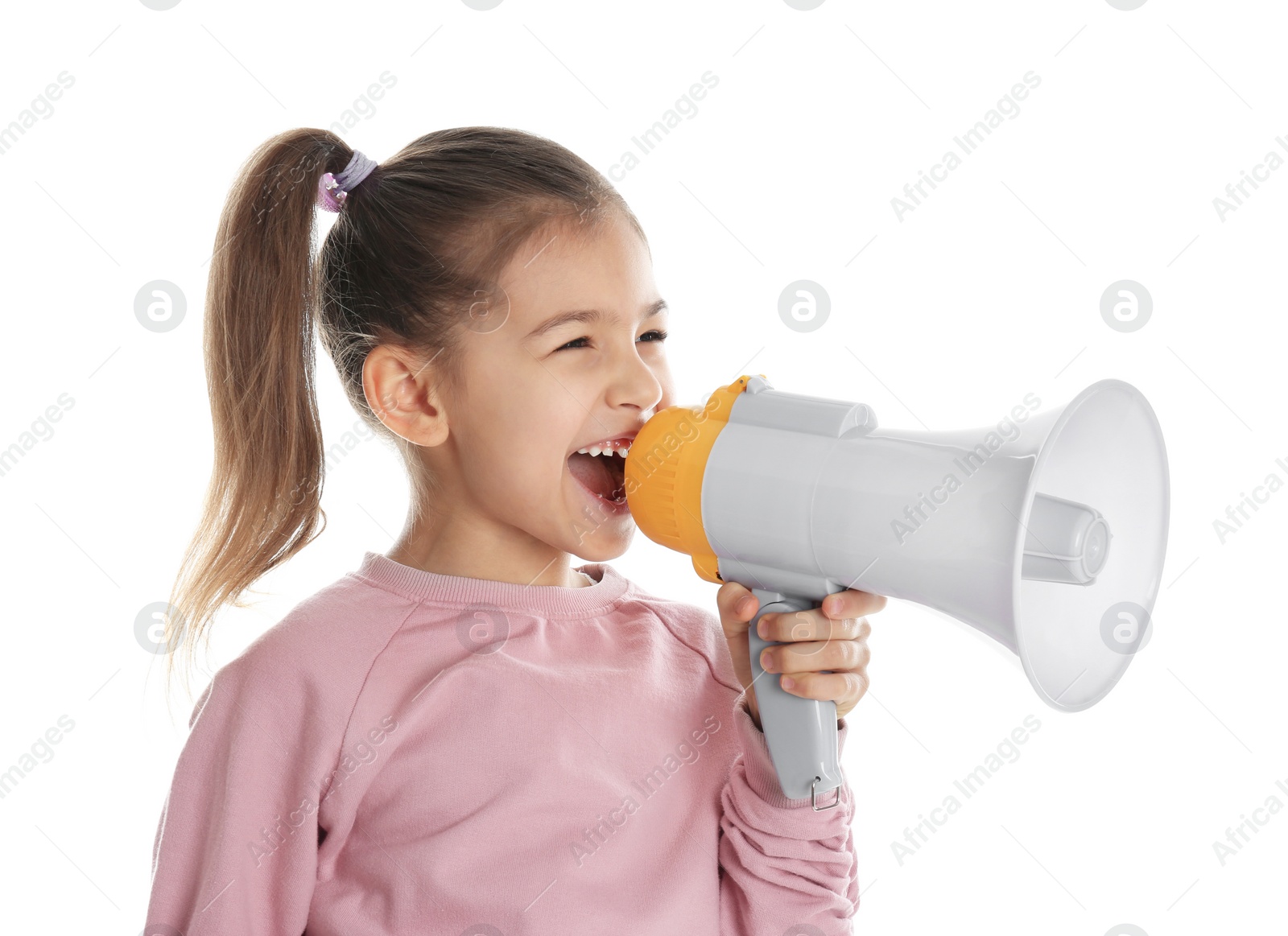 Photo of Cute funny girl with megaphone on white background