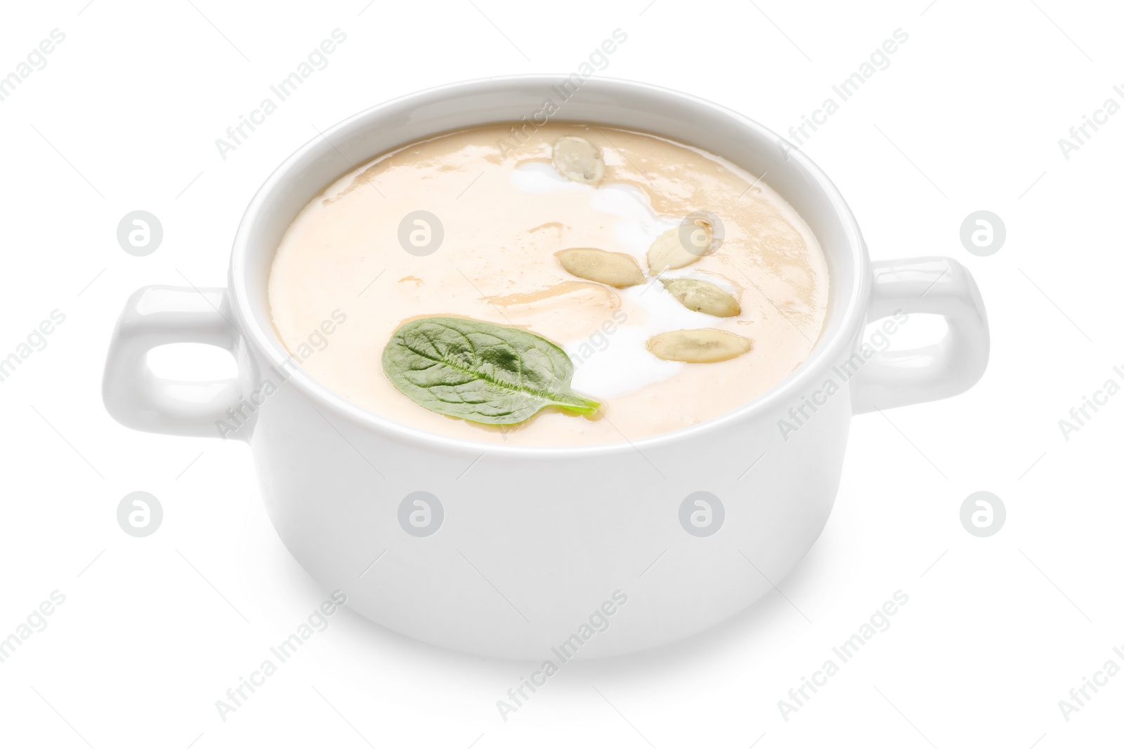 Photo of Healthy cream soup high in vegetable fats isolated on white