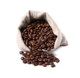 Photo of Overturned bag with roasted coffee beans isolated on white