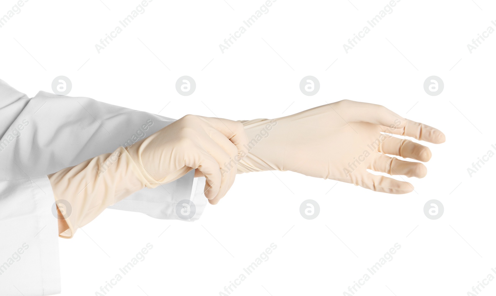 Photo of Doctor wearing medical gloves on white background