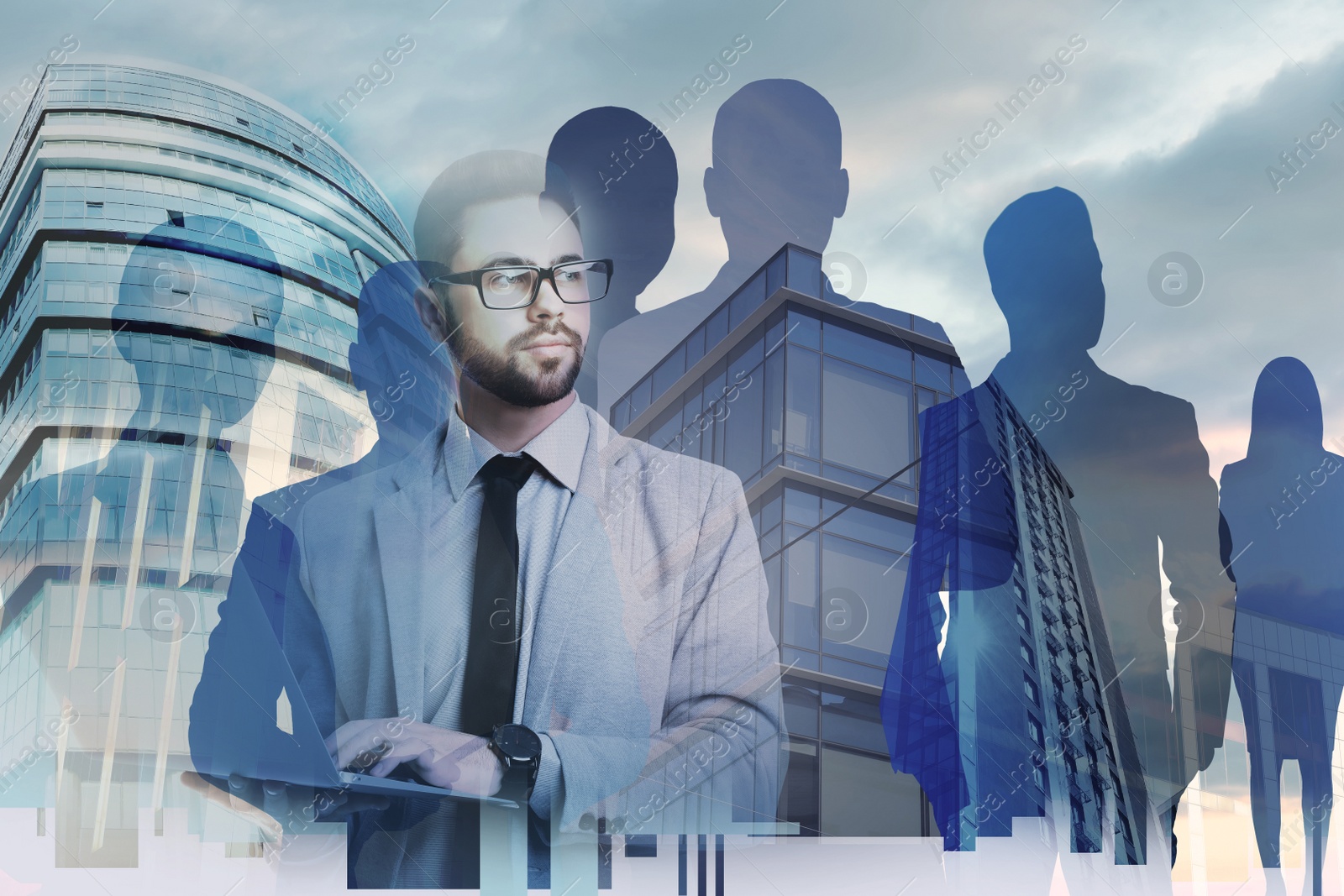 Image of Multiple exposure of businesspeople, cloudy sky and buildings. Leadership concept