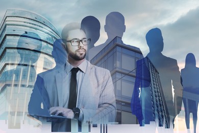 Image of Multiple exposure of businesspeople, cloudy sky and buildings. Leadership concept