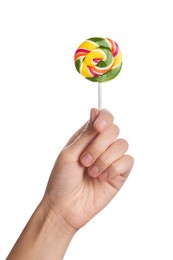 Woman holding bright tasty lollipop on white background, closeup