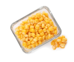 Photo of Bowl with corn kernels on white background, top view