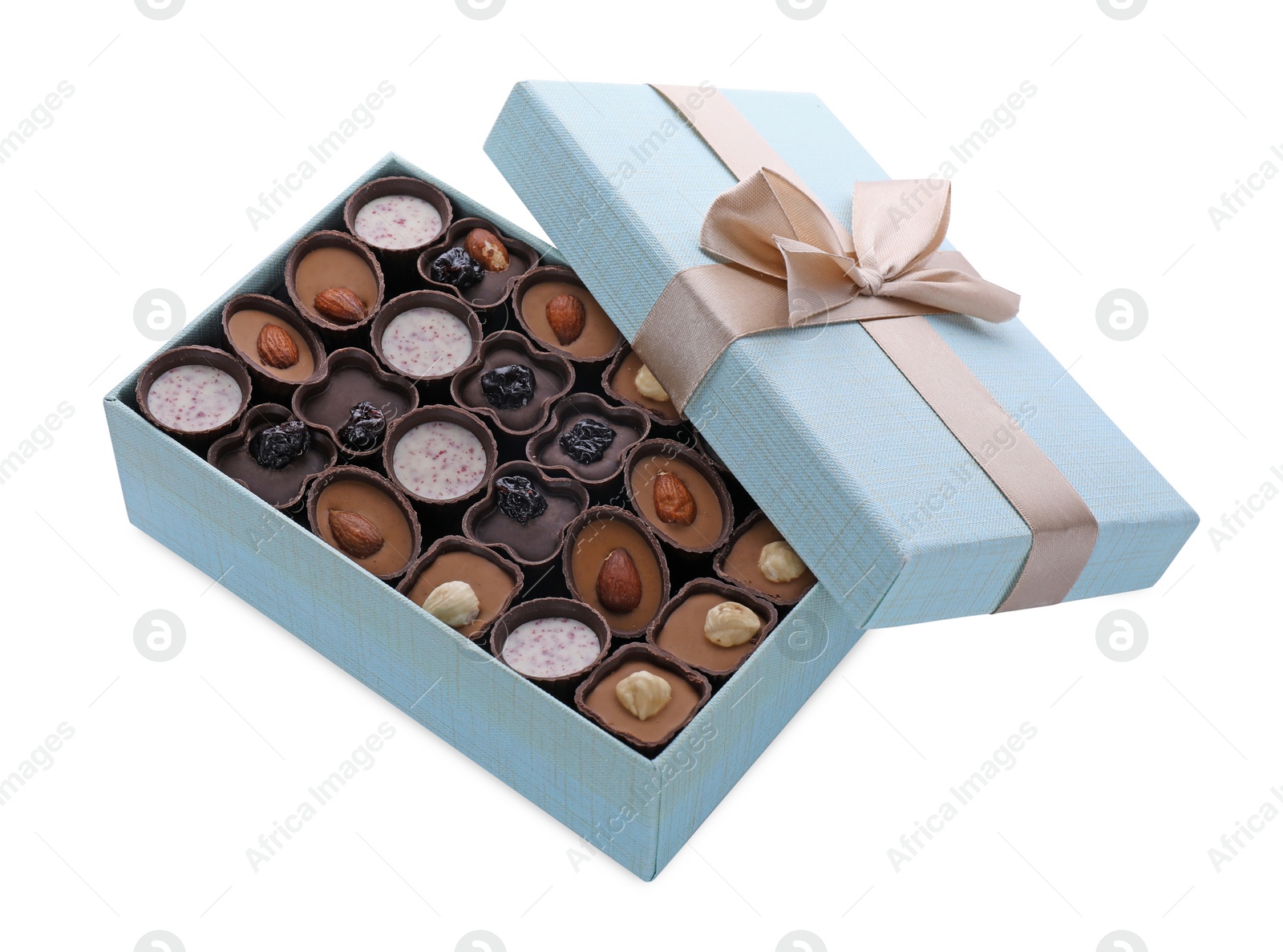 Photo of Box of delicious chocolate candies isolated on white