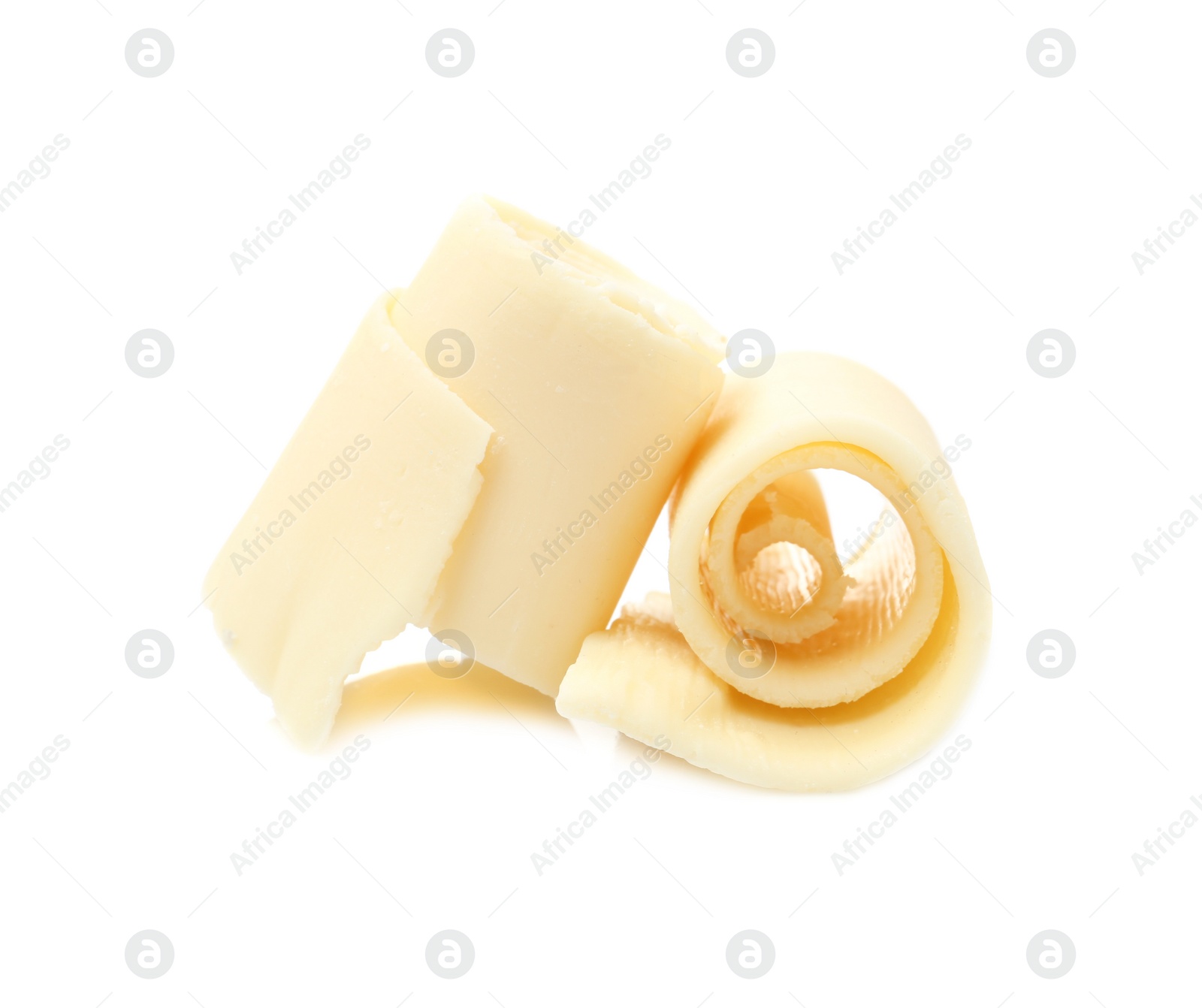 Photo of Yummy chocolate curls for decor on white background