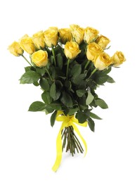 Photo of Beautiful bouquet of yellow roses with ribbon isolated on white