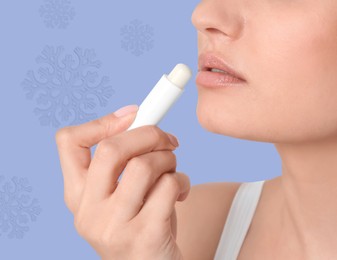 Winter skin care. Woman applying lip balm, closeup. Snowflakes on pale purple background