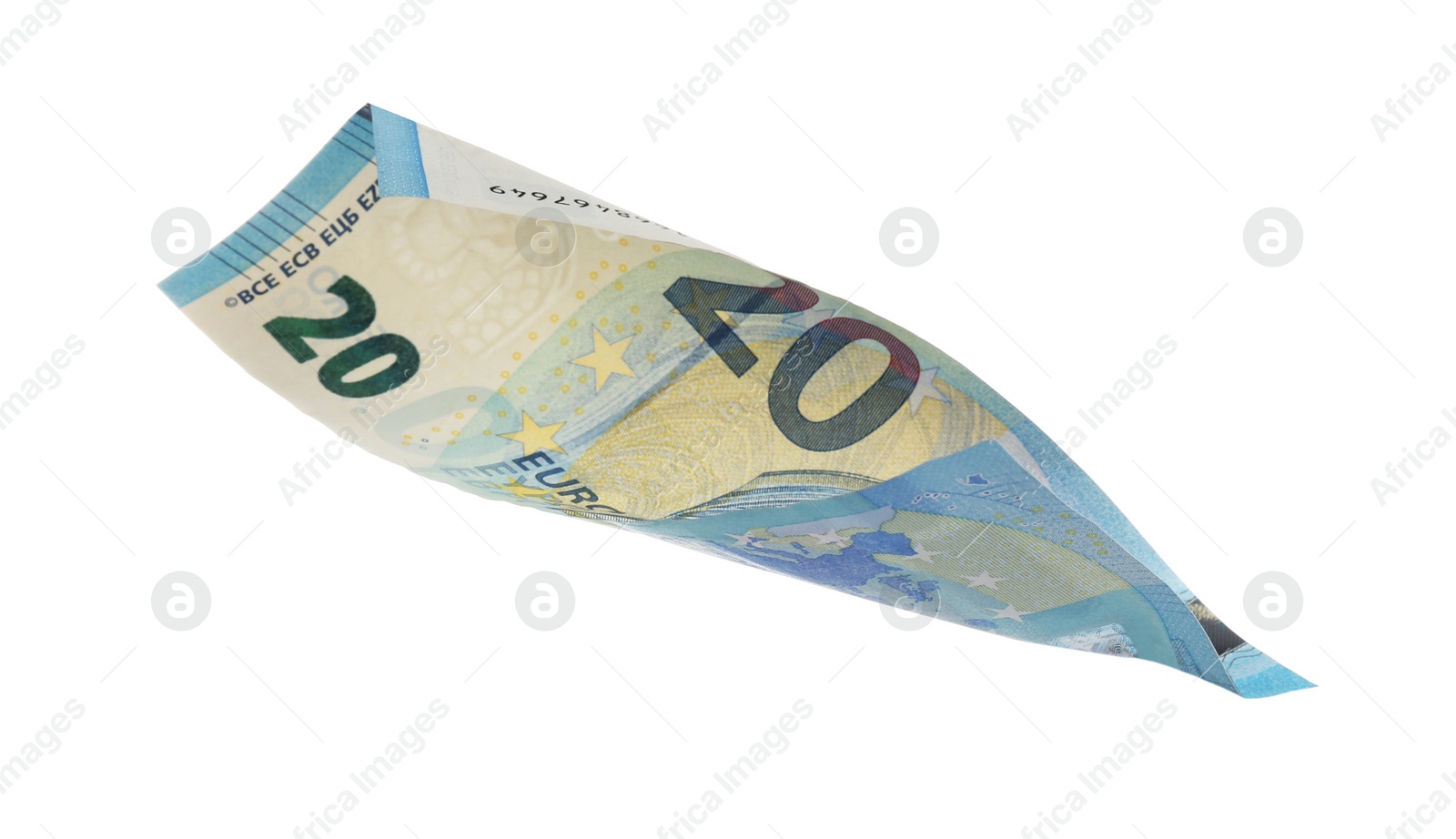 Photo of Euro banknote isolated on white. Flying money