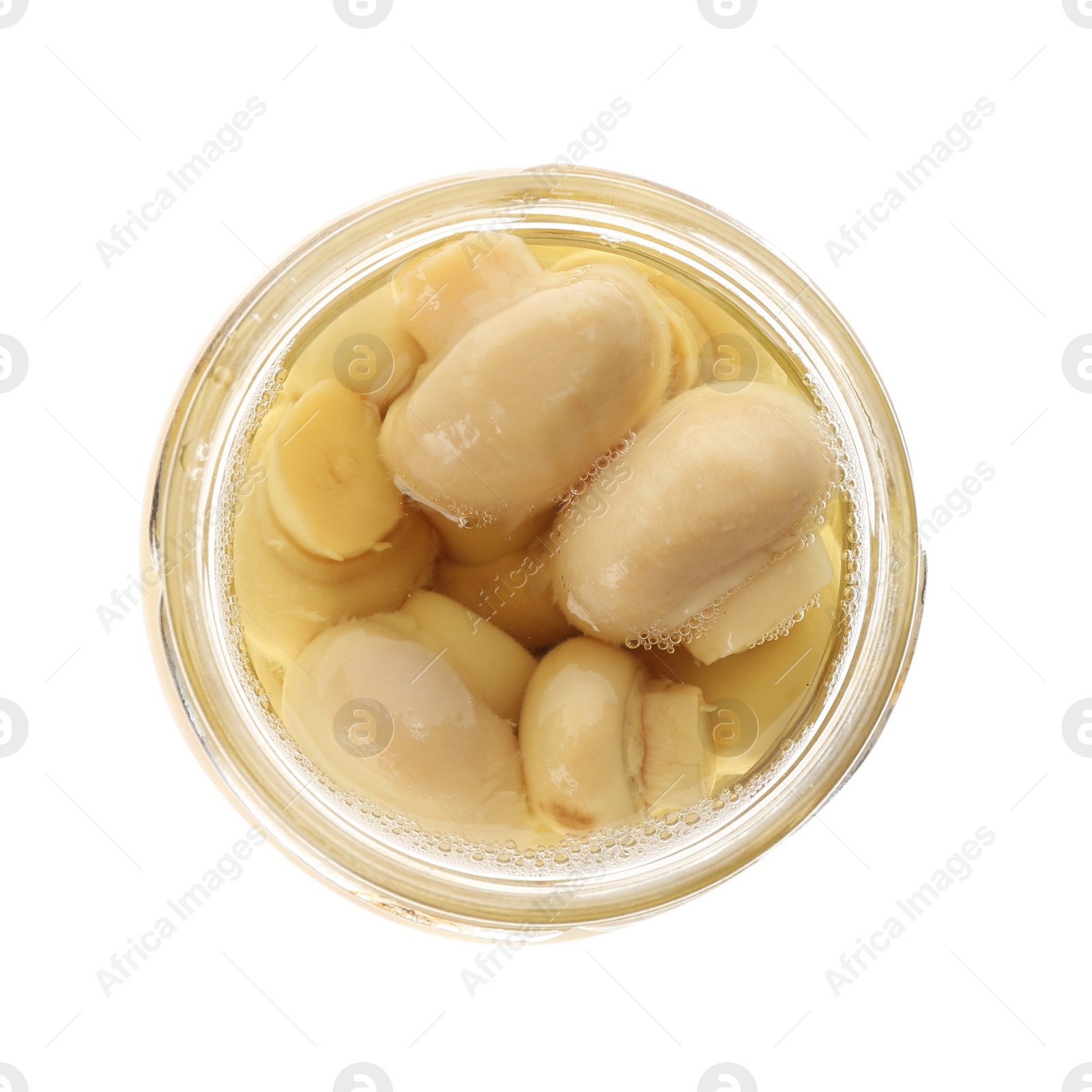 Photo of Jar of pickled mushrooms isolated on white, top view