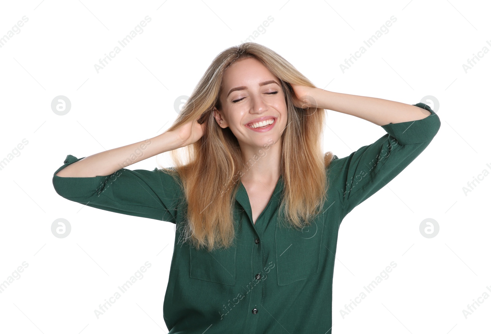 Photo of Portrait of beautiful young woman with blonde hair on white background