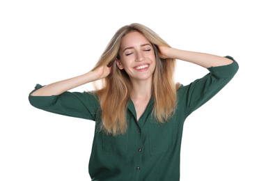 Portrait of beautiful young woman with blonde hair on white background