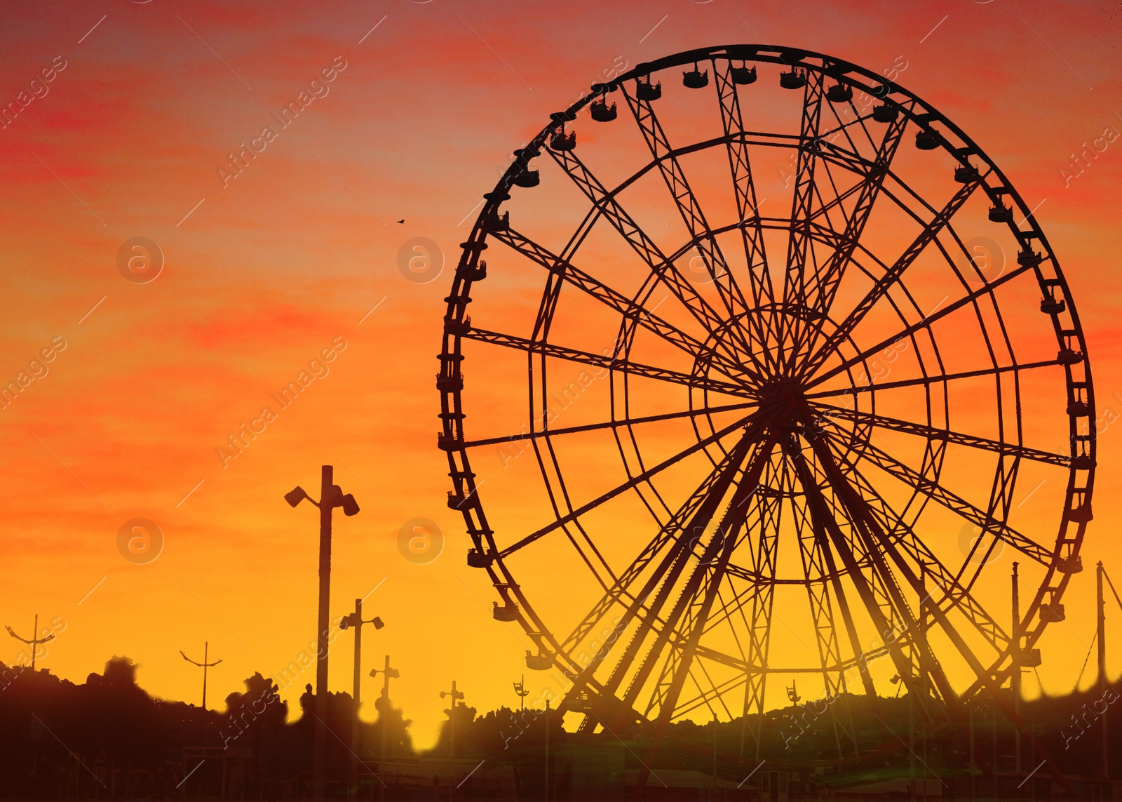 Image of Beautiful large Ferris wheel outdoors at sunset