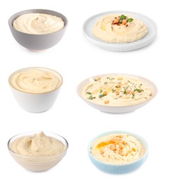 Image of Set with tasty hummus on white background