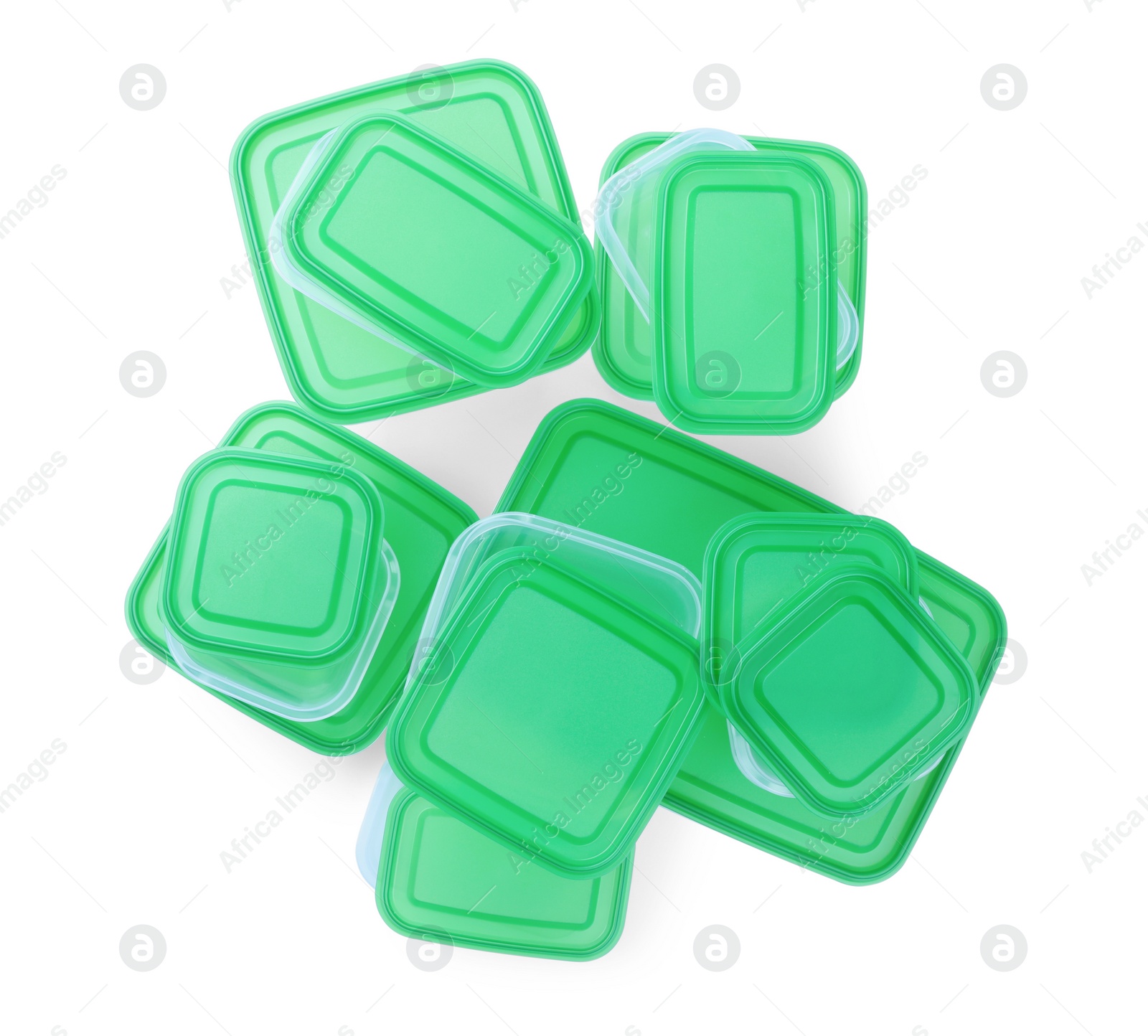 Photo of Set of empty plastic containers for food on white background, top view