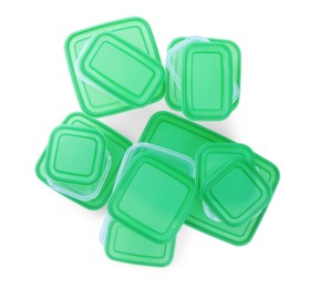 Set of empty plastic containers for food on white background, top view
