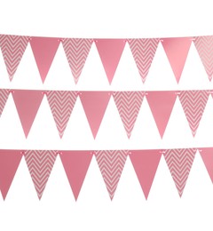 Buntings with triangular paper flags on white background. Festive decor