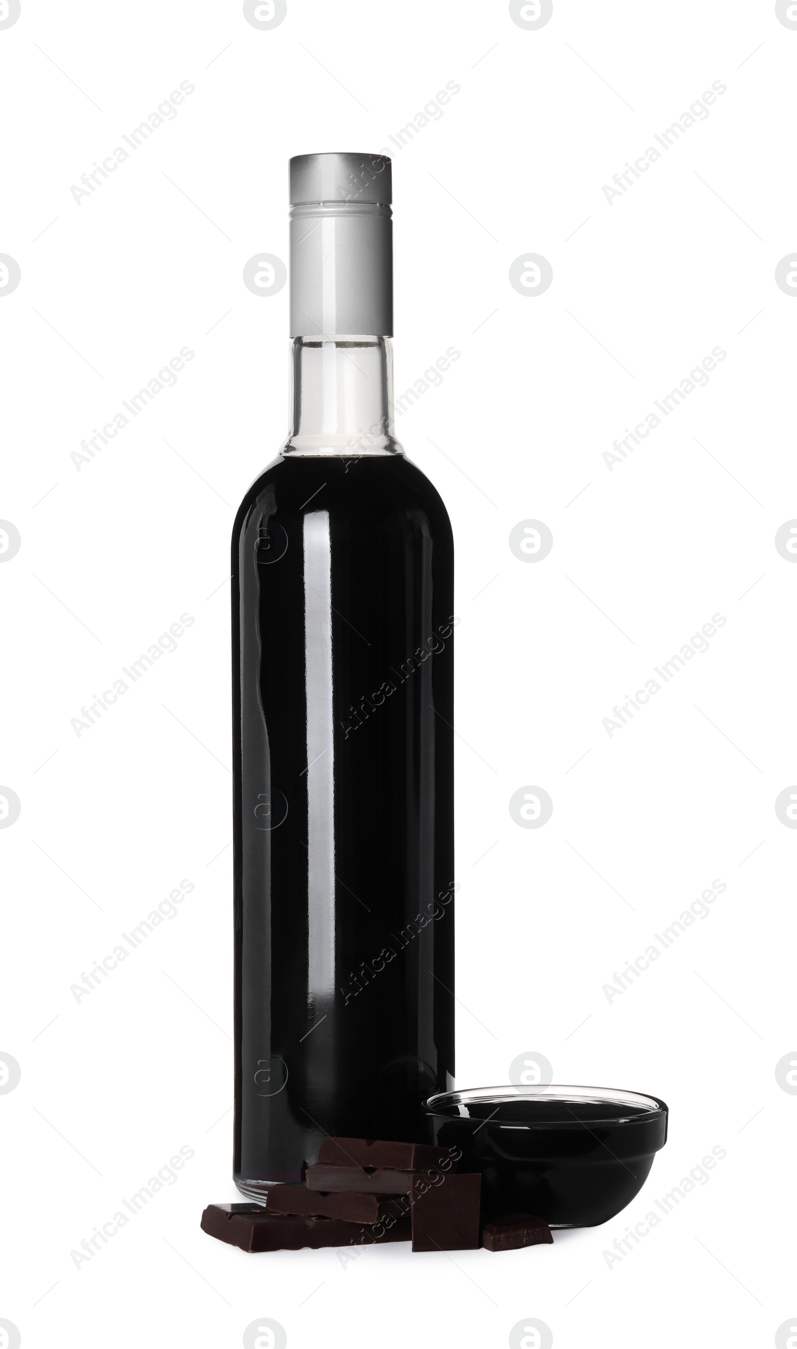 Photo of Delicious syrup for coffee and pieces of dark chocolate on white background