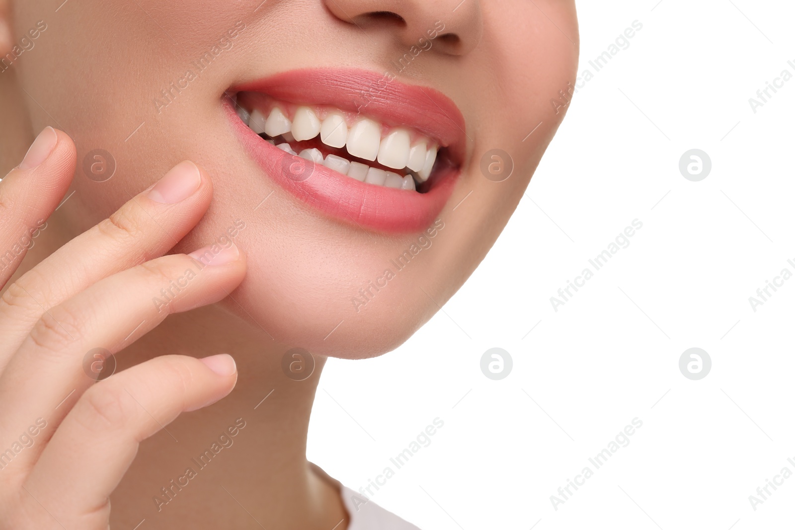 Photo of Woman with clean teeth smiling on white background, closeup