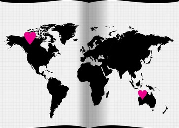 Illustration of World map with pink hearts on different continents symbolizing connection and love in long-distance relationship