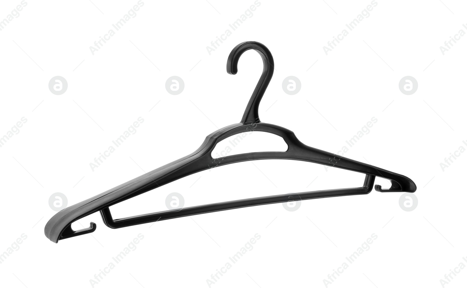 Photo of One black plastic hanger isolated on white
