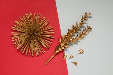 Photo of Golden decor element and dried flower on color background, flat lay
