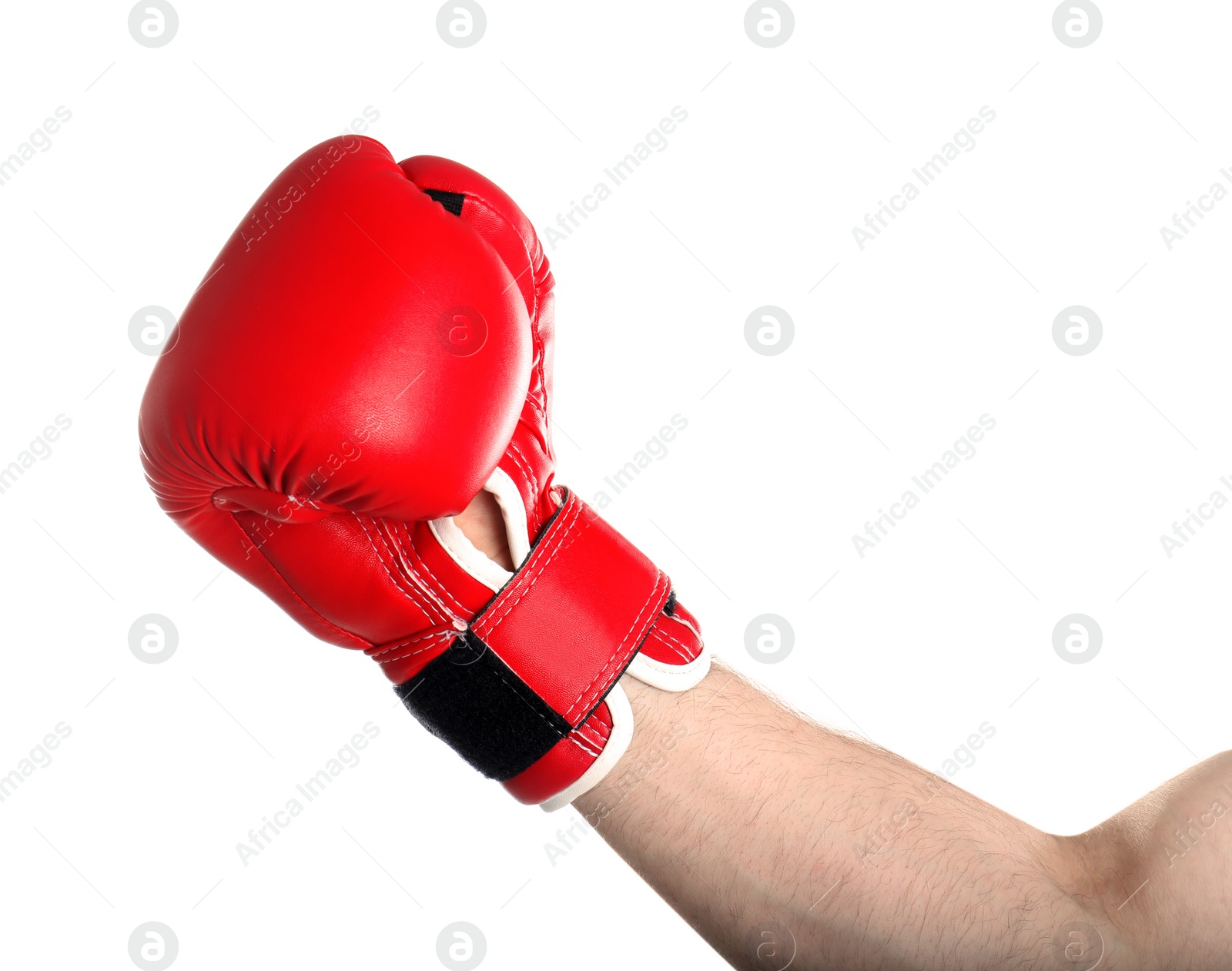 Photo of Man in boxing glove on white background, closeup