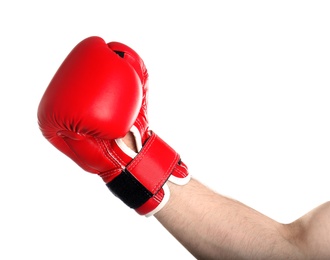 Photo of Man in boxing glove on white background, closeup