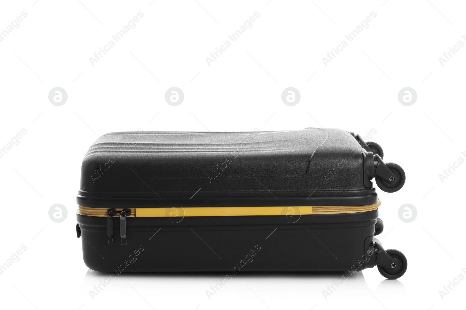 Photo of Black suitcase for travelling on white background