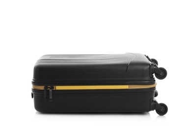 Photo of Black suitcase for travelling on white background