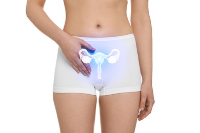 Image of Woman in underwear and illustration of reproductive system on white background, closeup