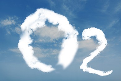 Image of O2 molecule made with clouds and view of beautiful blue sky. Oxygen release concept