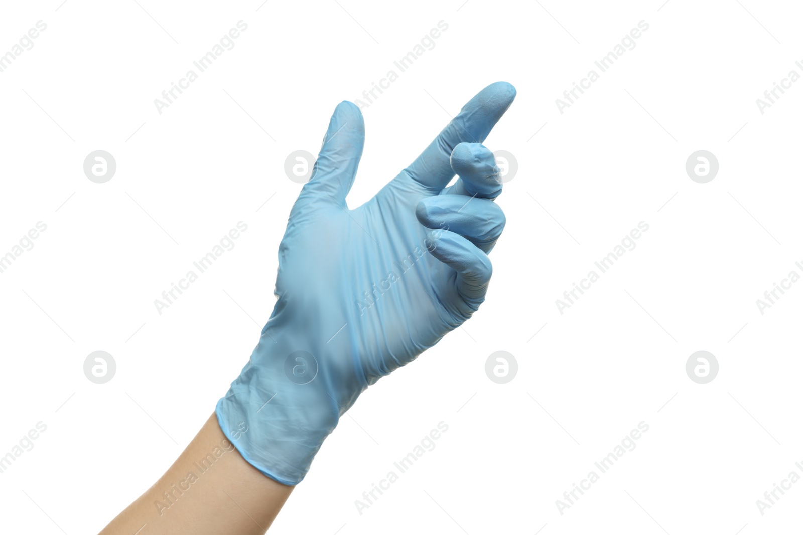 Photo of Doctor wearing light blue medical glove on white background, closeup