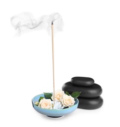 Photo of Composition with smoldering incense stick, roses and spa stones on white background