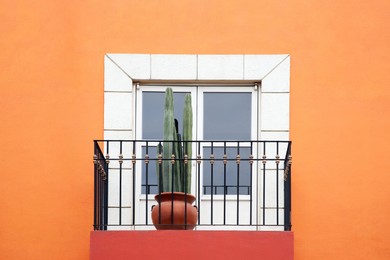 Photo of Orange building with white window and potted plant on small balcony