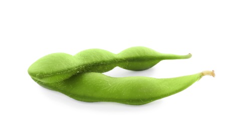 Photo of Raw green edamame pods on white background