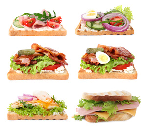 Image of Set of toasted bread with different toppings on white background