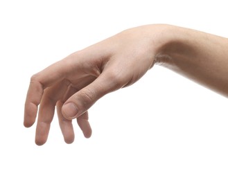 Photo of Man holding something in hand on white background, closeup