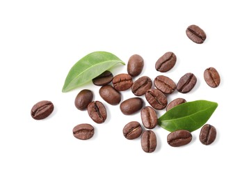 Photo of Roasted coffee beans and leaves isolated on white, top view