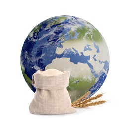 Image of Global food crisis concept. Globe of Earth, flour in bag and cereal spikes on white background