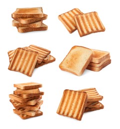 Image of Set with tasty toasted bread on white background