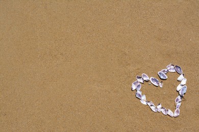Photo of Heart made with beautiful sea shells on wet sand, flat lay. Space for text